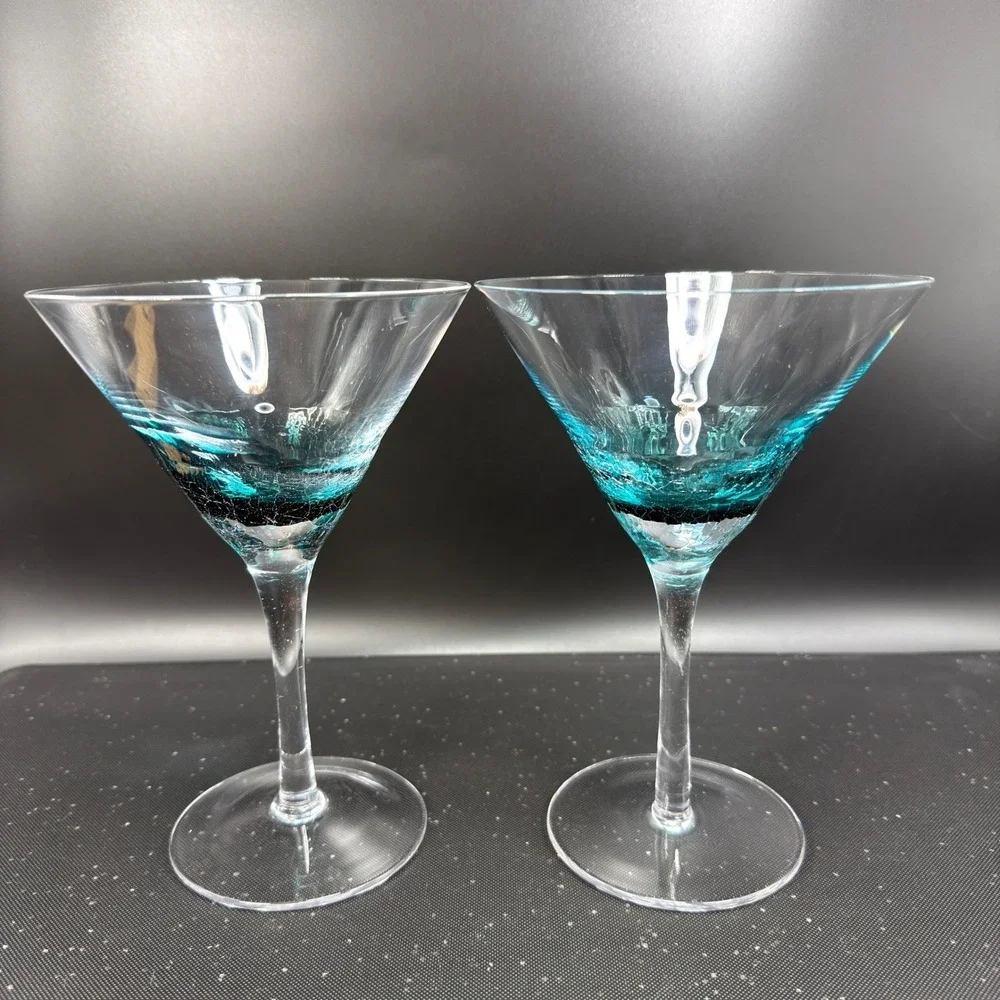 Pier 1 Teal Blue‎ Crackle Glass Martini Glasses Cocktail Stemware Cups Set of 2